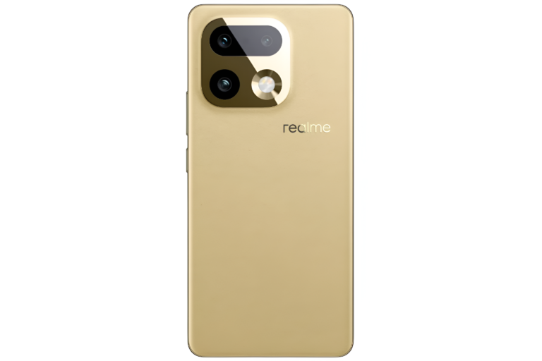 Realme16 Pro+ smartphone in gold colour variant showing rear design