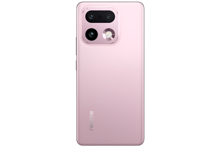 Realme16 Pro+ smartphone in pink colour variant showing rear design